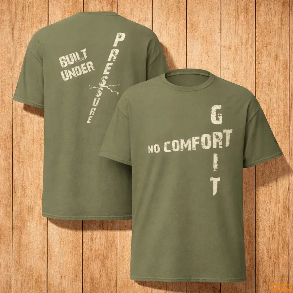 No Comfort Tee – Caballeros – – military_green_nocomfort_front_back – El Capitano